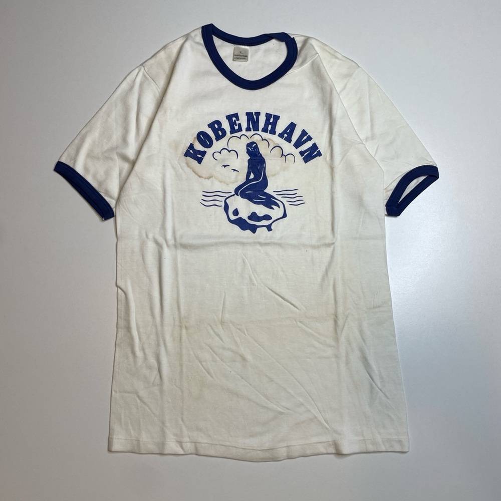Vintage 70’s Greek Mermaid Ringer Graphic European T-shirt Blue White XL